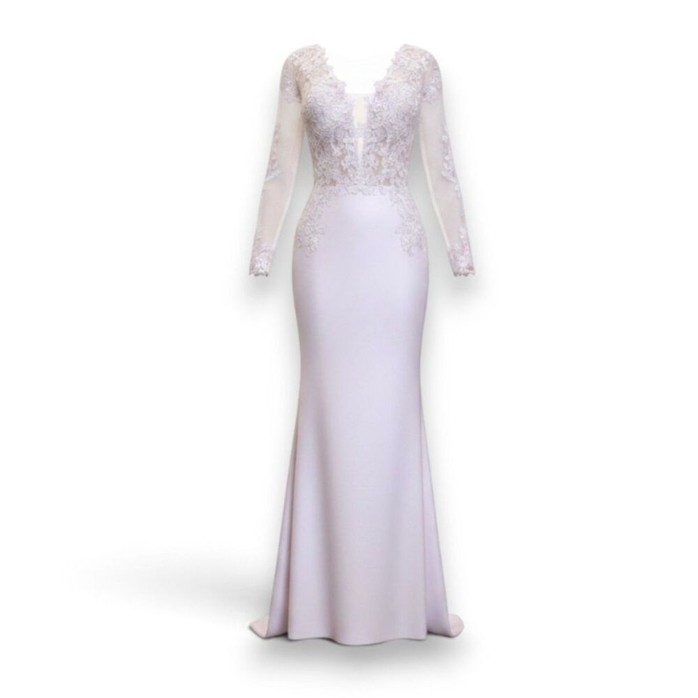 Elegant Pink Long Sleeve Lace Wedding Dress Size 14